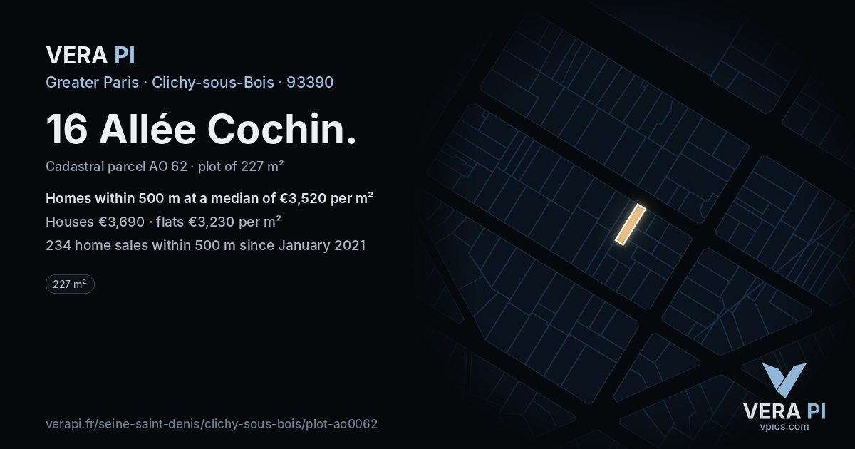 16 Allée Cochin, Clichy-sous-Bois at night – the plot lit, the parcels around coloured by the prices near them