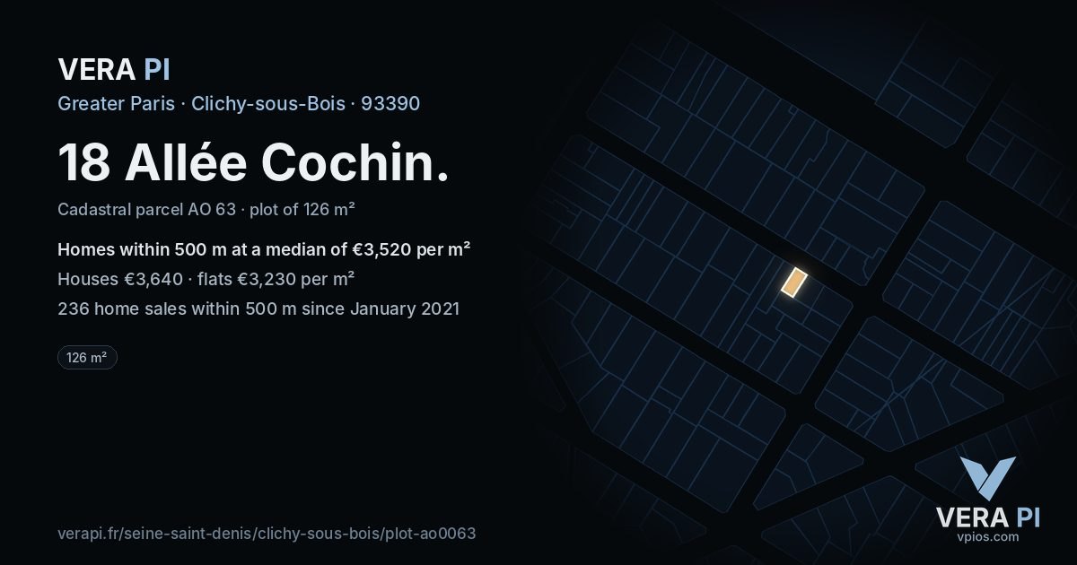 18 Allée Cochin, Clichy-sous-Bois at night – the plot lit, the parcels around coloured by the prices near them