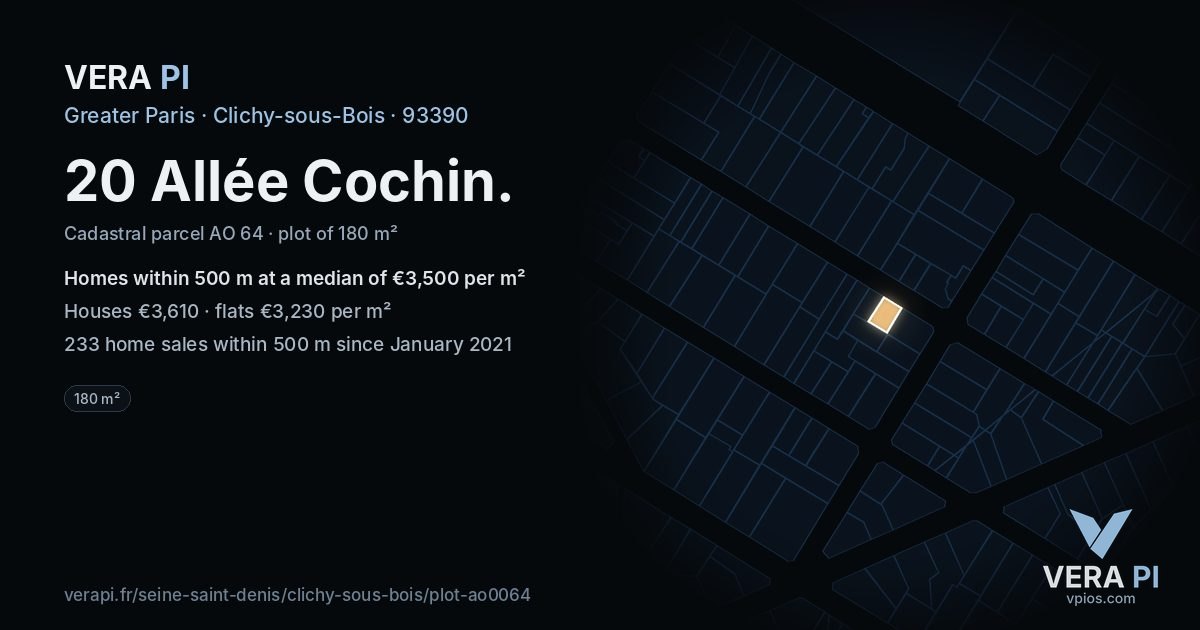 20 Allée Cochin, Clichy-sous-Bois at night – the plot lit, the parcels around coloured by the prices near them