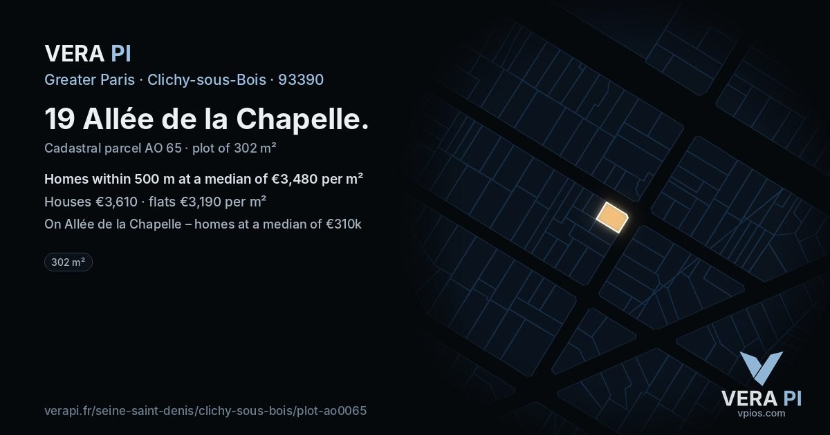 19 Allée de la Chapelle, Clichy-sous-Bois at night – the plot lit, the parcels around coloured by the prices near them