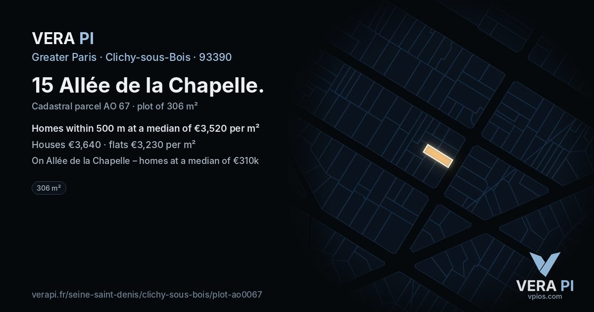 15 Allée de la Chapelle, Clichy-sous-Bois at night – the plot lit, the parcels around coloured by the prices near them