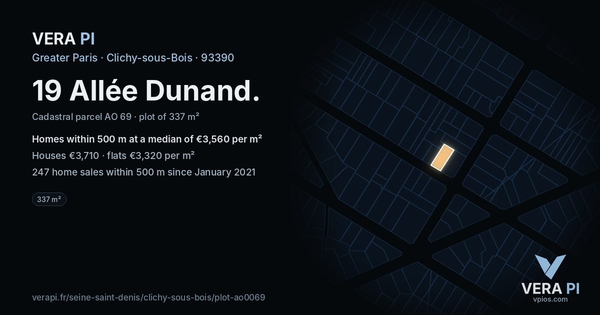 19 Allée Dunand, Clichy-sous-Bois at night – the plot lit, the parcels around coloured by the prices near them