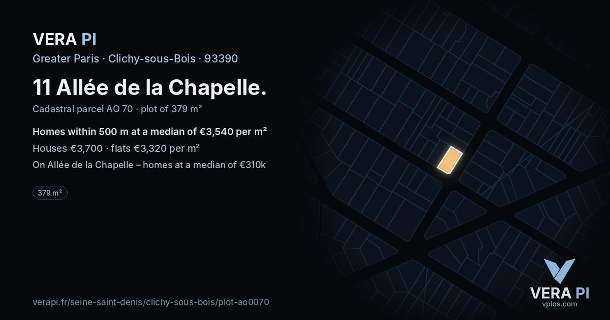 11 Allée de la Chapelle, Clichy-sous-Bois at night – the plot lit, the parcels around coloured by the prices near them