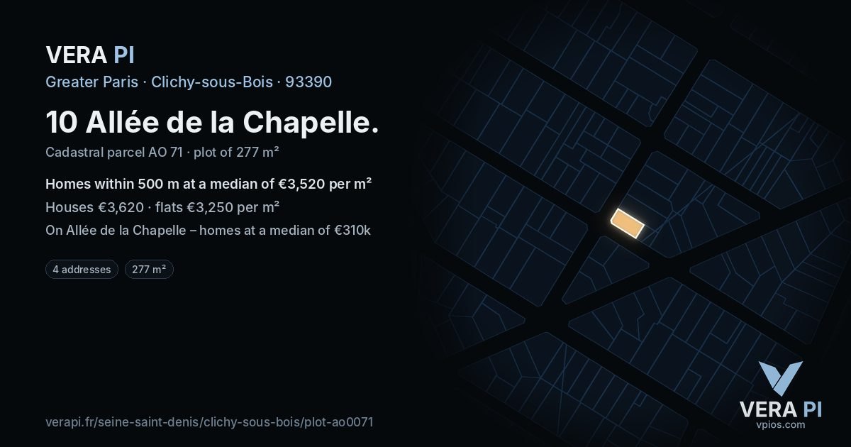 10 Allée de la Chapelle, Clichy-sous-Bois at night – the plot lit, the parcels around coloured by the prices near them