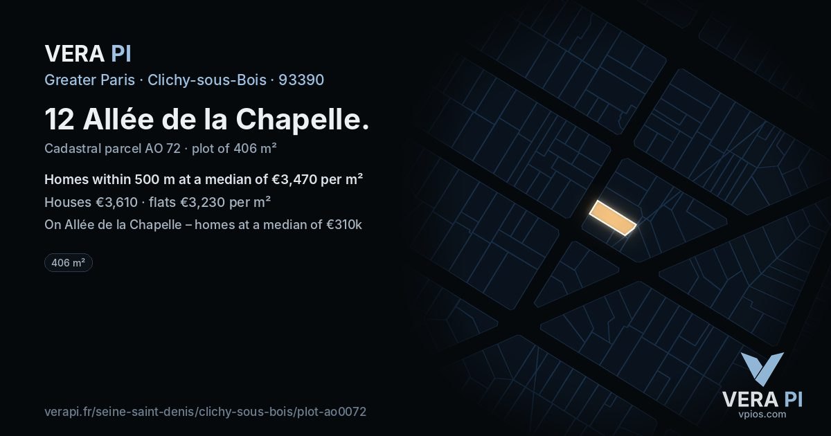 12 Allée de la Chapelle, Clichy-sous-Bois at night – the plot lit, the parcels around coloured by the prices near them