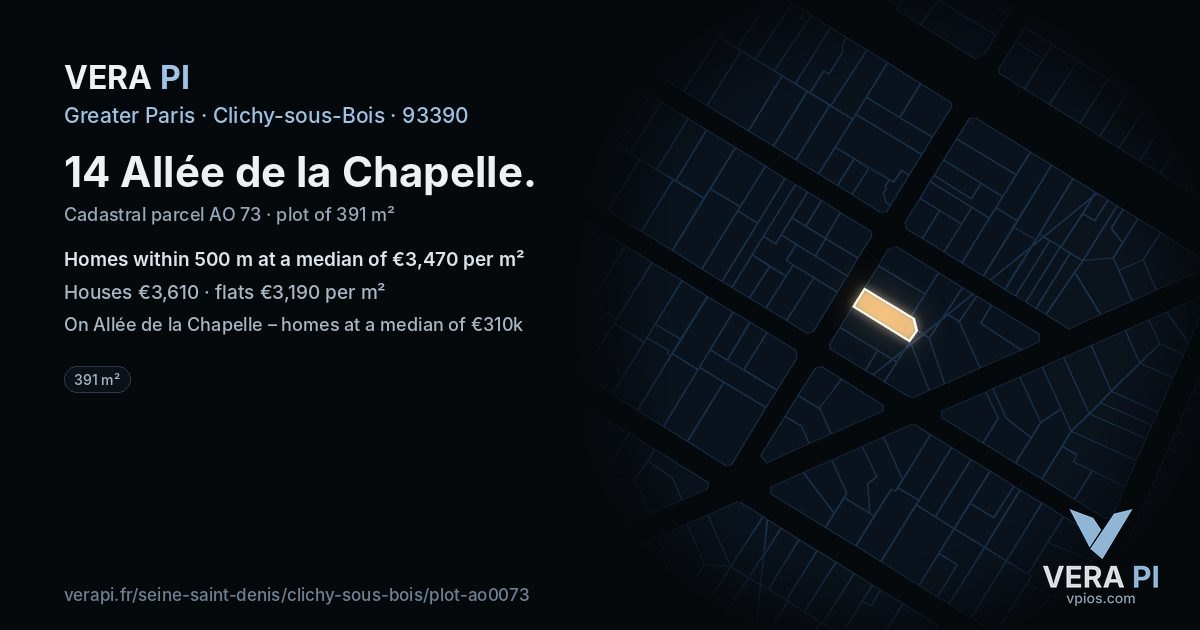 14 Allée de la Chapelle, Clichy-sous-Bois at night – the plot lit, the parcels around coloured by the prices near them