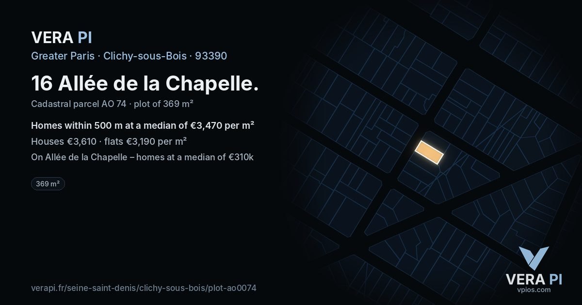 16 Allée de la Chapelle, Clichy-sous-Bois at night – the plot lit, the parcels around coloured by the prices near them