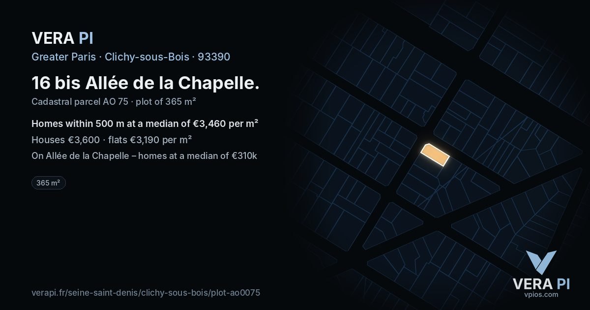 16 bis Allée de la Chapelle, Clichy-sous-Bois at night – the plot lit, the parcels around coloured by the prices near them