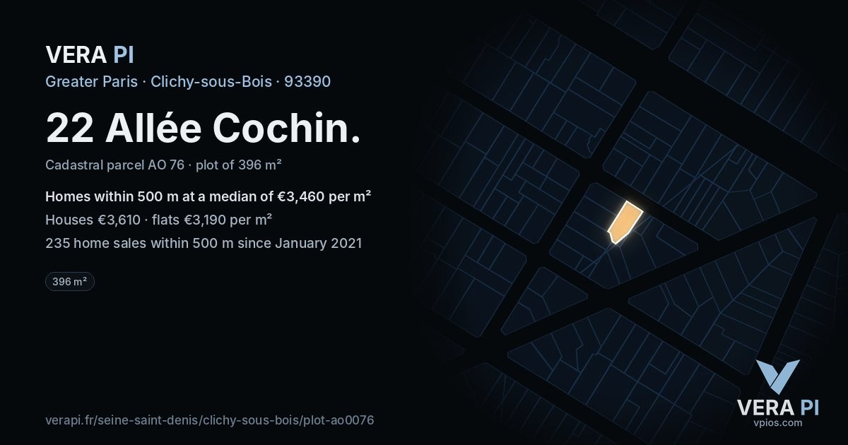 22 Allée Cochin, Clichy-sous-Bois at night – the plot lit, the parcels around coloured by the prices near them
