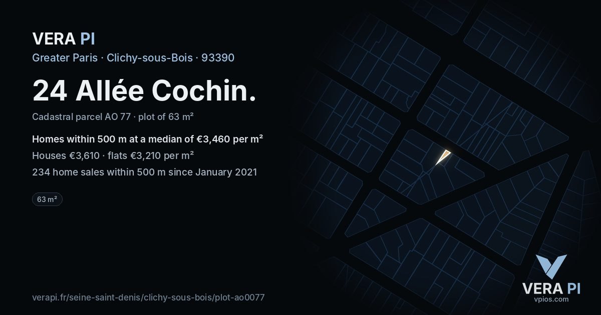 24 Allée Cochin, Clichy-sous-Bois at night – the plot lit, the parcels around coloured by the prices near them