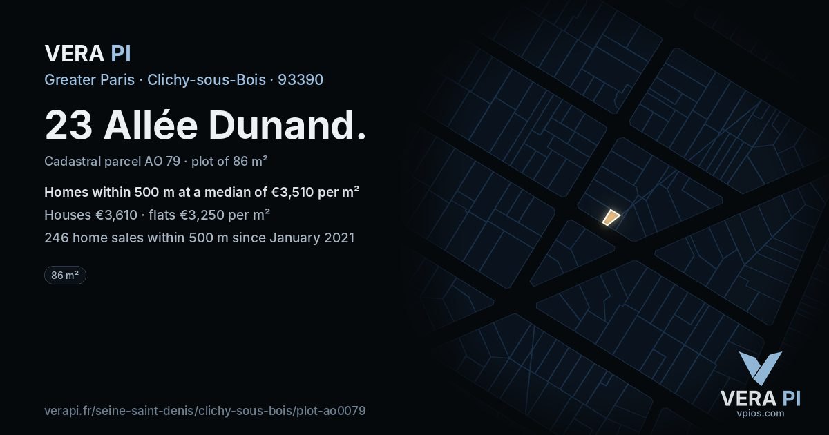 23 Allée Dunand, Clichy-sous-Bois at night – the plot lit, the parcels around coloured by the prices near them