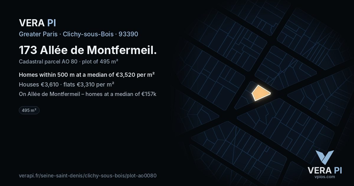 173 Allée de Montfermeil, Clichy-sous-Bois at night – the plot lit, the parcels around coloured by the prices near them