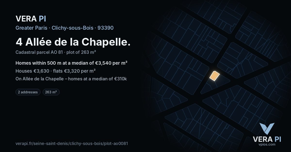 4 Allée de la Chapelle, Clichy-sous-Bois at night – the plot lit, the parcels around coloured by the prices near them