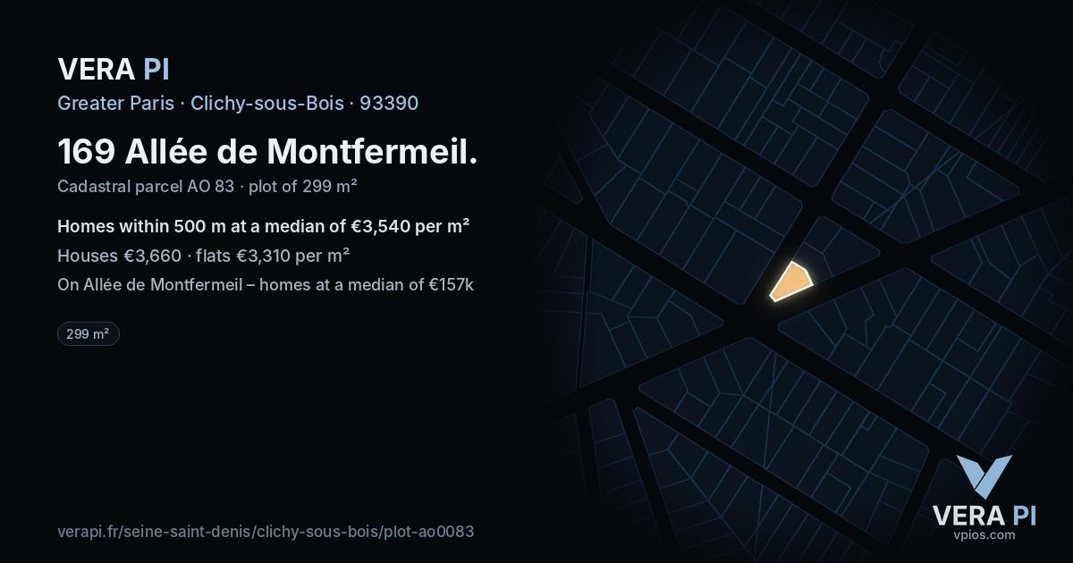 169 Allée de Montfermeil, Clichy-sous-Bois at night – the plot lit, the parcels around coloured by the prices near them