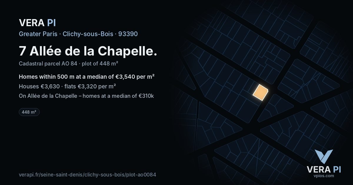 7 Allée de la Chapelle, Clichy-sous-Bois at night – the plot lit, the parcels around coloured by the prices near them