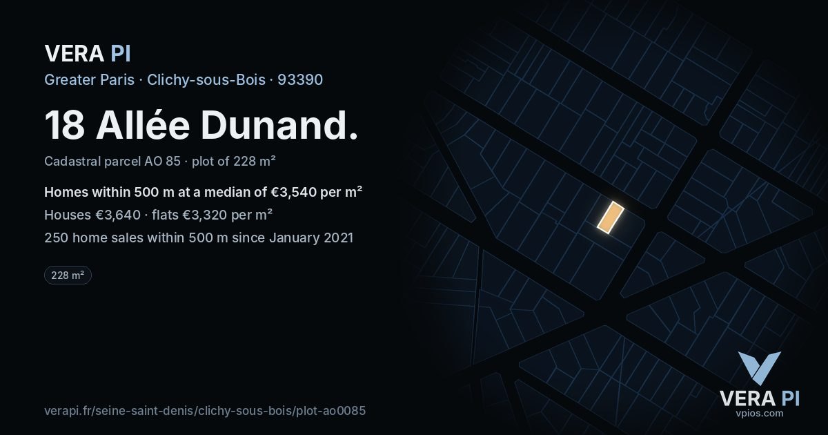 18 Allée Dunand, Clichy-sous-Bois at night – the plot lit, the parcels around coloured by the prices near them