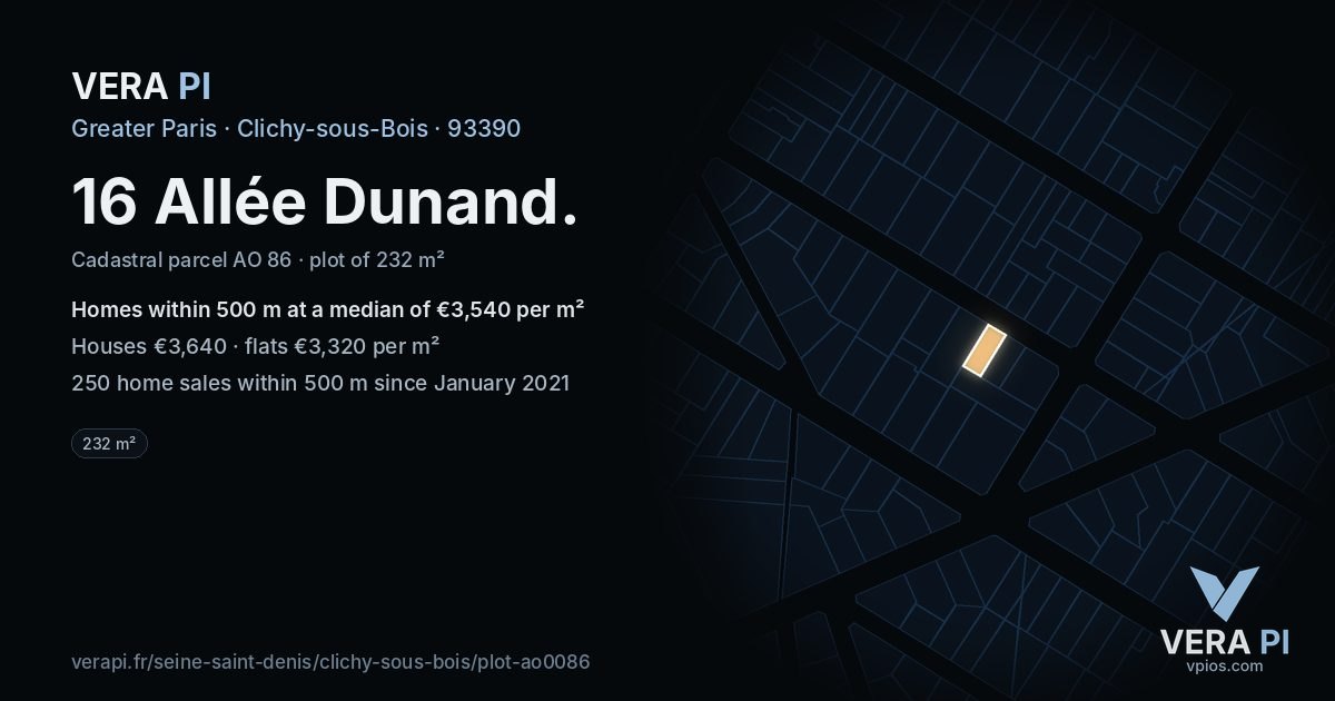 16 Allée Dunand, Clichy-sous-Bois at night – the plot lit, the parcels around coloured by the prices near them