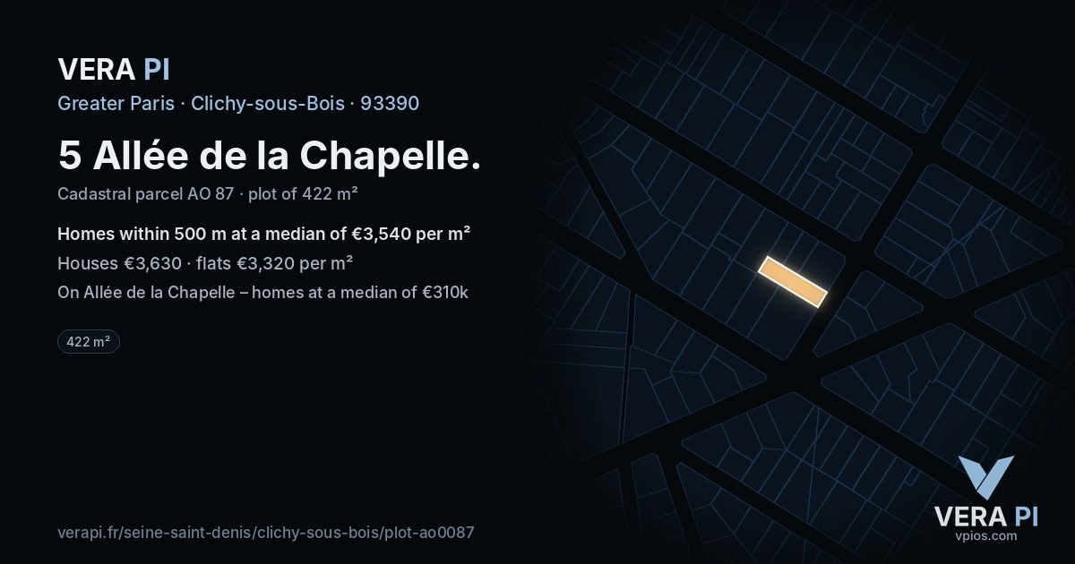 5 Allée de la Chapelle, Clichy-sous-Bois at night – the plot lit, the parcels around coloured by the prices near them