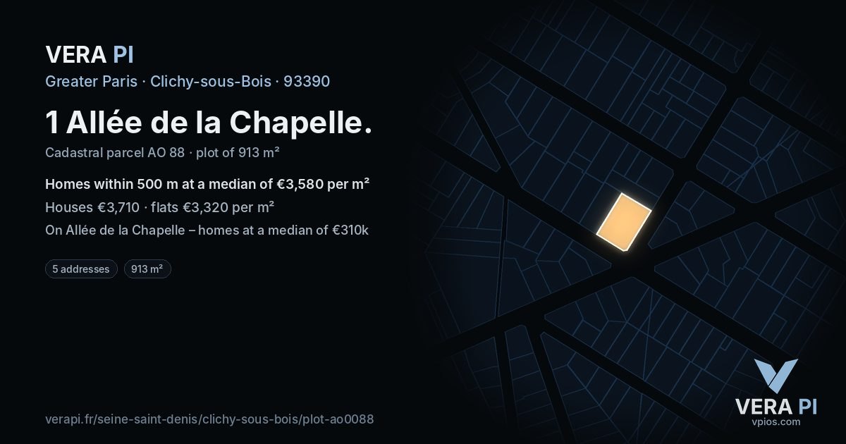 1 Allée de la Chapelle, Clichy-sous-Bois at night – the plot lit, the parcels around coloured by the prices near them