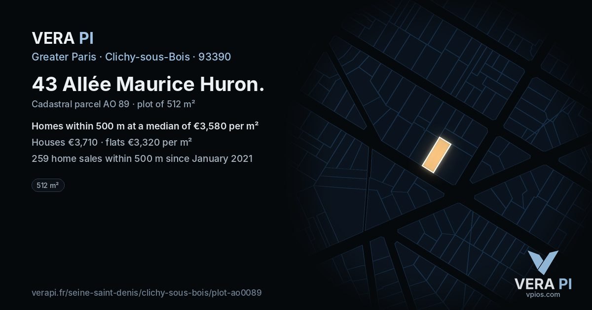 43 Allée Maurice Huron, Clichy-sous-Bois at night – the plot lit, the parcels around coloured by the prices near them