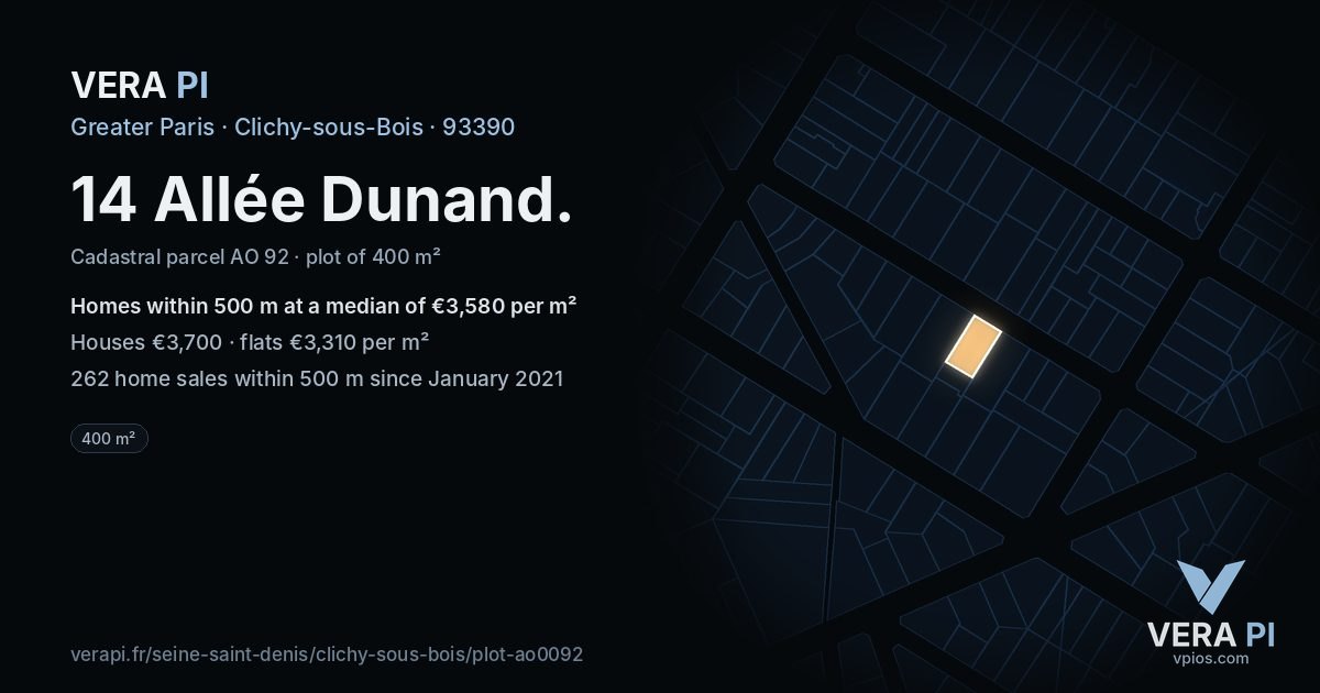 14 Allée Dunand, Clichy-sous-Bois at night – the plot lit, the parcels around coloured by the prices near them