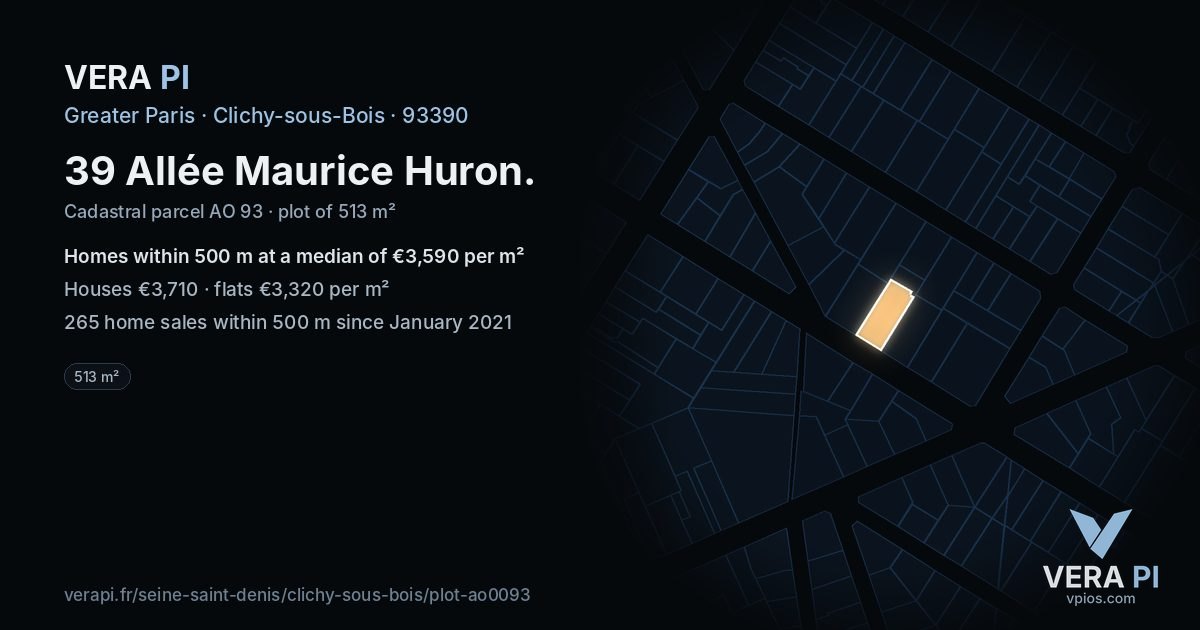 39 Allée Maurice Huron, Clichy-sous-Bois at night – the plot lit, the parcels around coloured by the prices near them