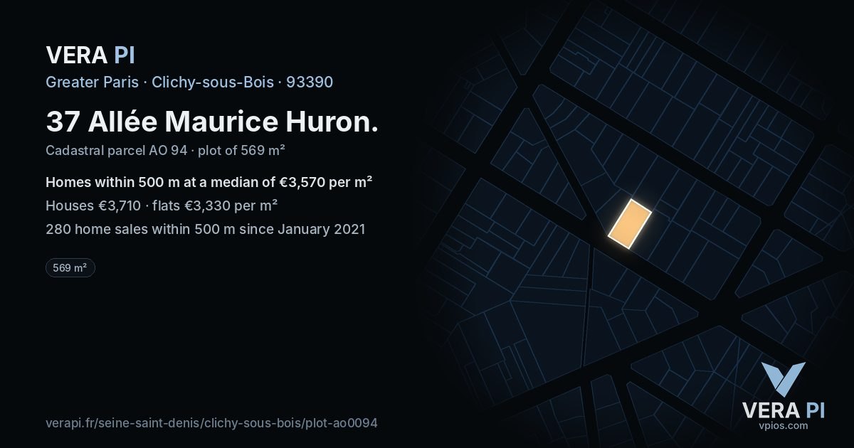 37 Allée Maurice Huron, Clichy-sous-Bois at night – the plot lit, the parcels around coloured by the prices near them