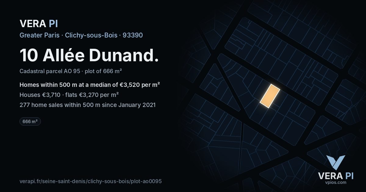 10 Allée Dunand, Clichy-sous-Bois at night – the plot lit, the parcels around coloured by the prices near them