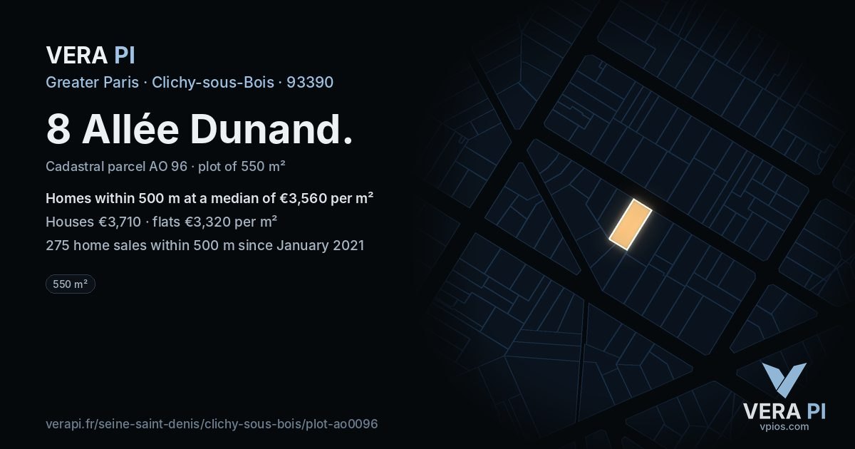 8 Allée Dunand, Clichy-sous-Bois at night – the plot lit, the parcels around coloured by the prices near them