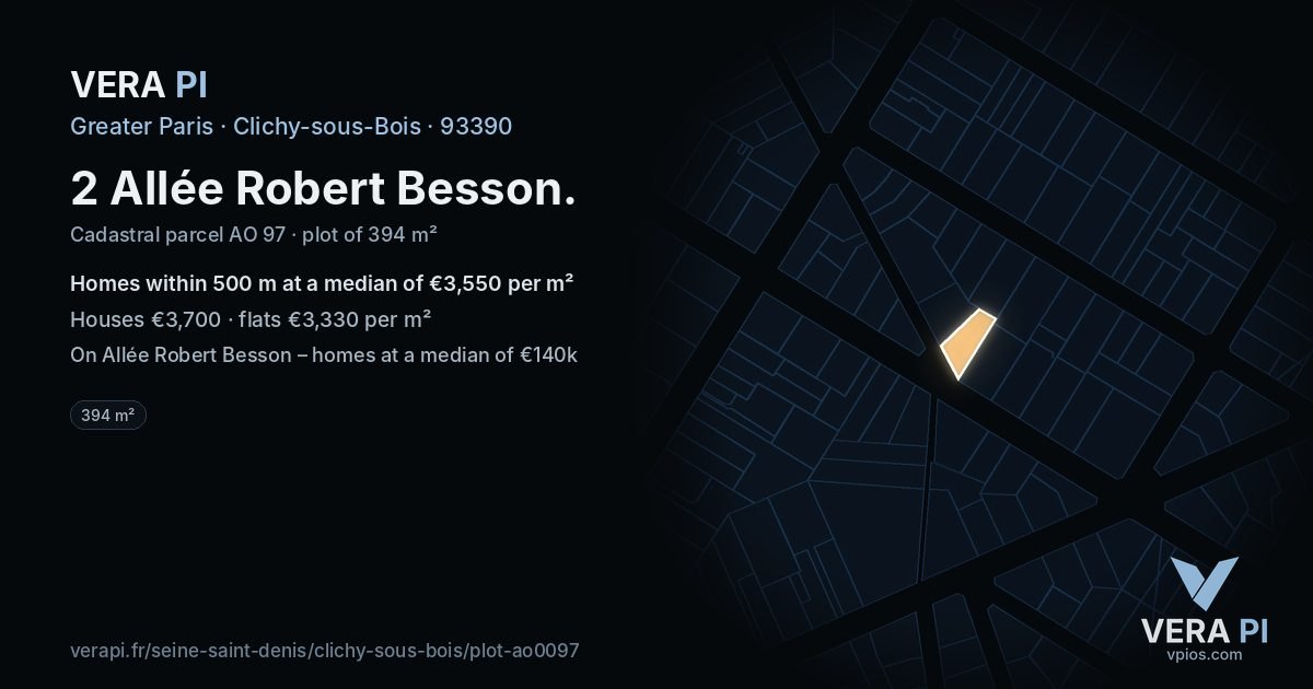 2 Allée Robert Besson, Clichy-sous-Bois at night – the plot lit, the parcels around coloured by the prices near them