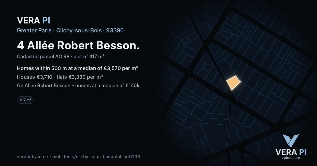 4 Allée Robert Besson, Clichy-sous-Bois at night – the plot lit, the parcels around coloured by the prices near them