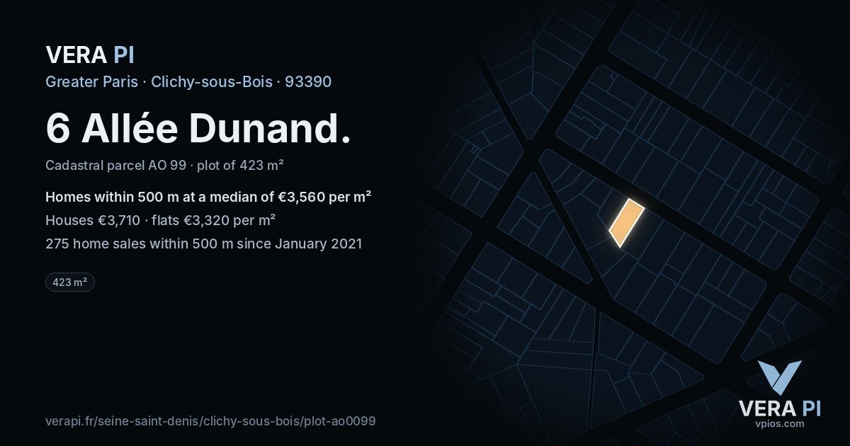 6 Allée Dunand, Clichy-sous-Bois at night – the plot lit, the parcels around coloured by the prices near them