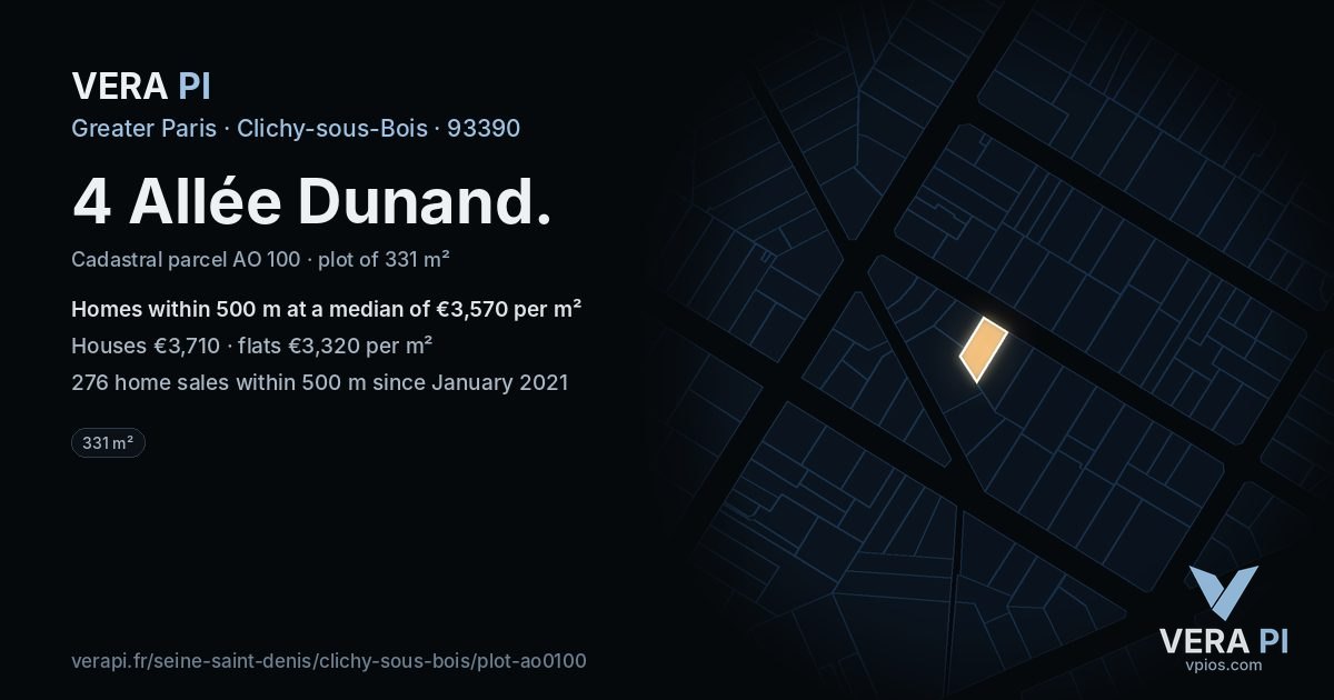 4 Allée Dunand, Clichy-sous-Bois at night – the plot lit, the parcels around coloured by the prices near them