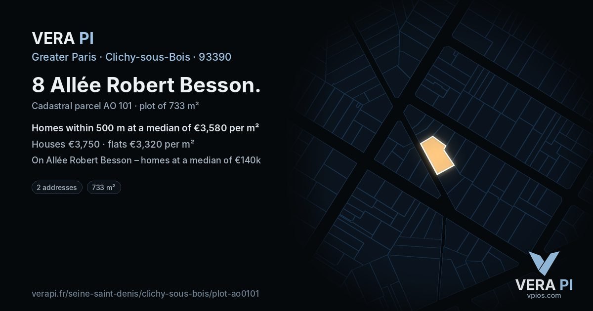 8 Allée Robert Besson, Clichy-sous-Bois at night – the plot lit, the parcels around coloured by the prices near them