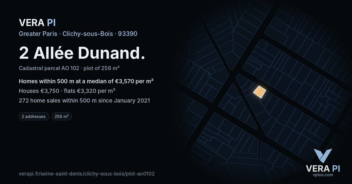 2 Allée Dunand, Clichy-sous-Bois at night – the plot lit, the parcels around coloured by the prices near them
