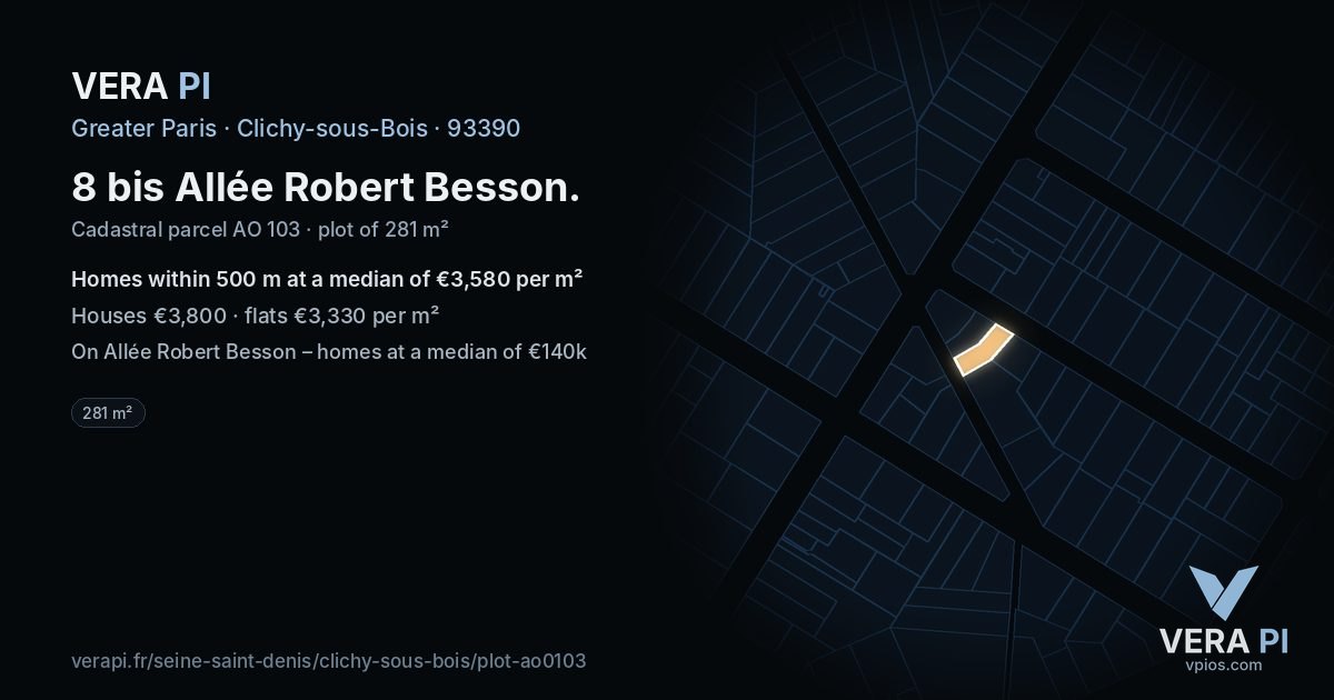 8 bis Allée Robert Besson, Clichy-sous-Bois at night – the plot lit, the parcels around coloured by the prices near them