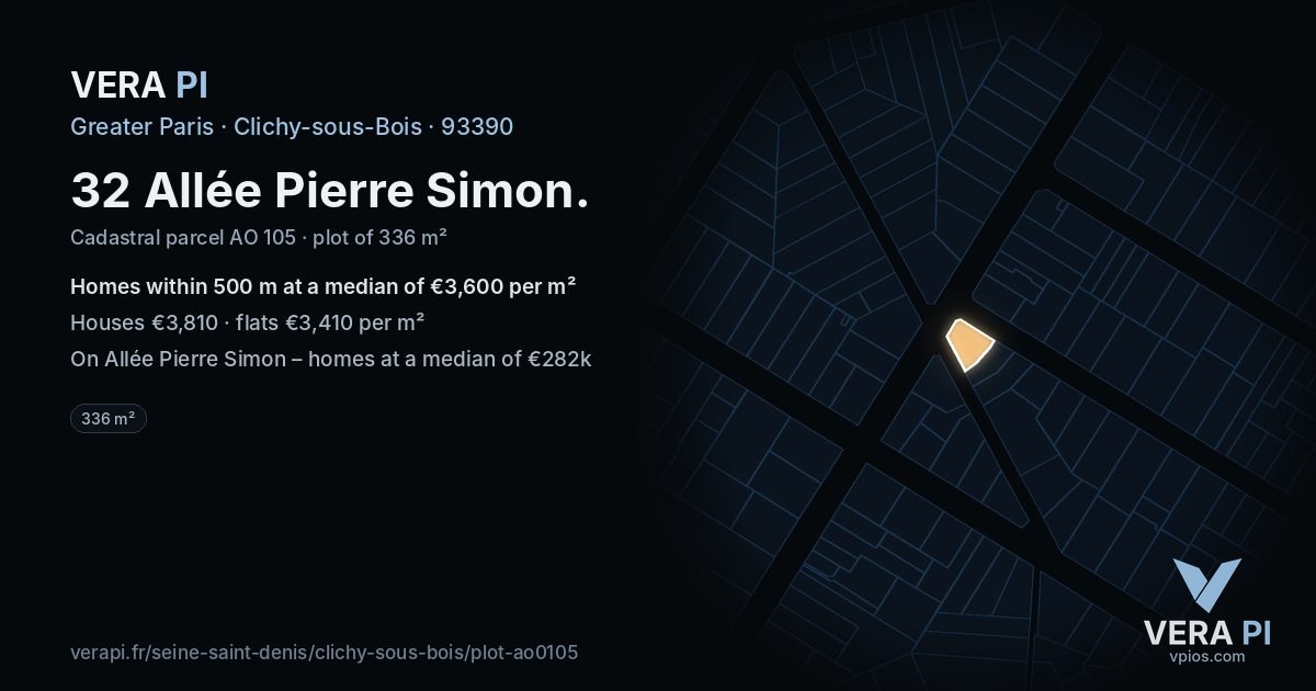 32 Allée Pierre Simon, Clichy-sous-Bois at night – the plot lit, the parcels around coloured by the prices near them