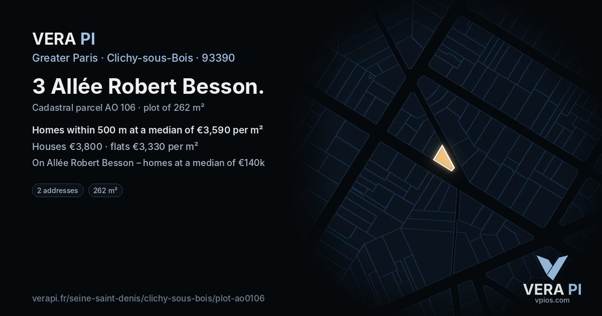 3 Allée Robert Besson, Clichy-sous-Bois at night – the plot lit, the parcels around coloured by the prices near them