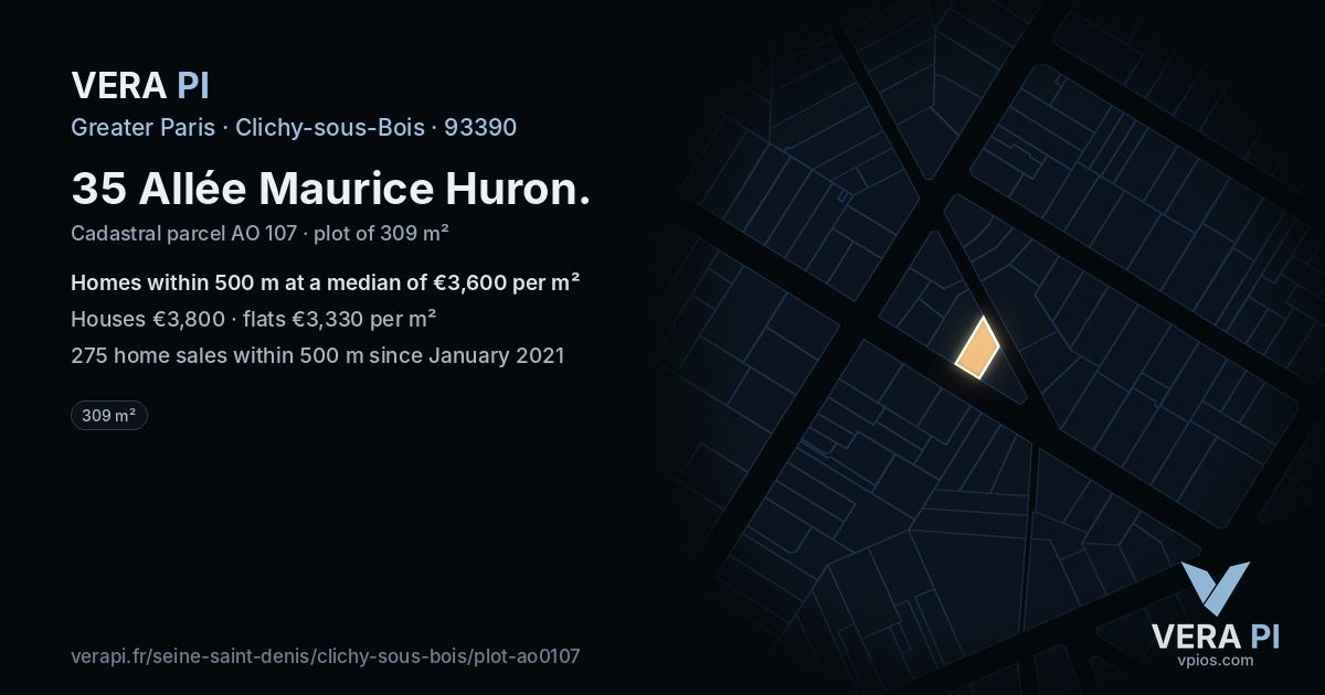 35 Allée Maurice Huron, Clichy-sous-Bois at night – the plot lit, the parcels around coloured by the prices near them