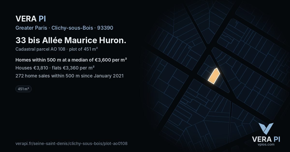 33 bis Allée Maurice Huron, Clichy-sous-Bois at night – the plot lit, the parcels around coloured by the prices near them