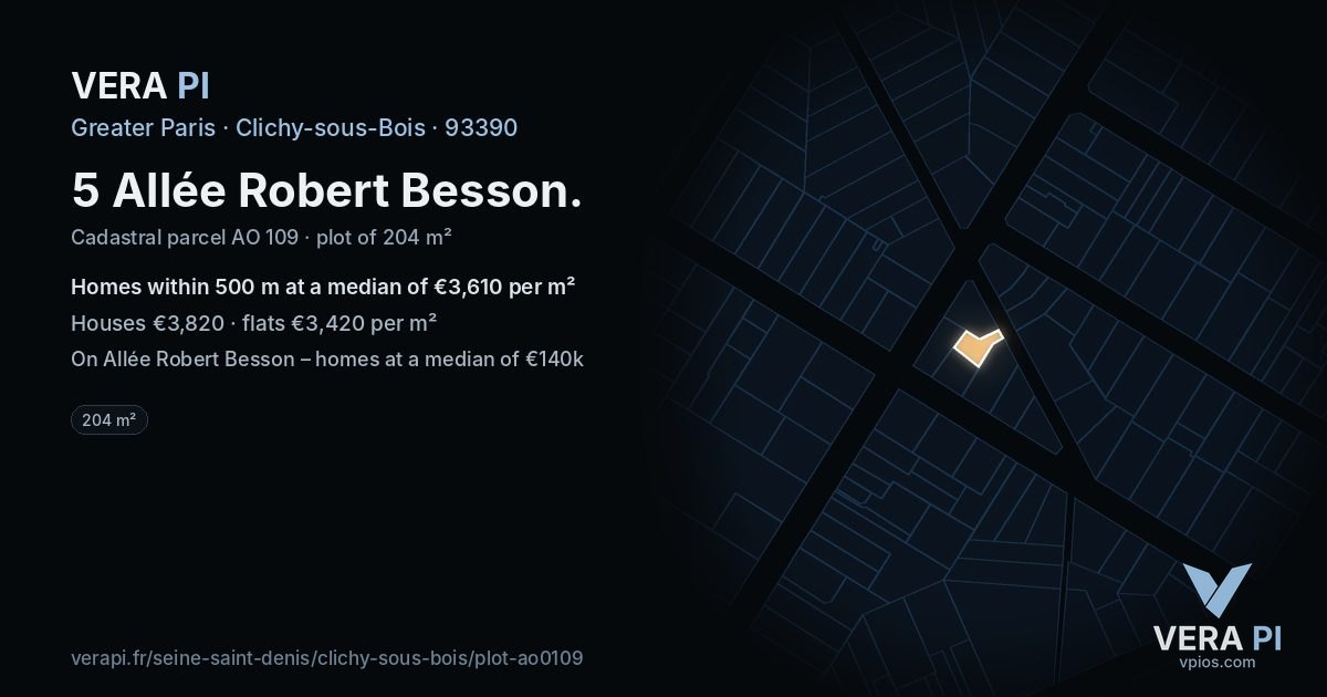 5 Allée Robert Besson, Clichy-sous-Bois at night – the plot lit, the parcels around coloured by the prices near them