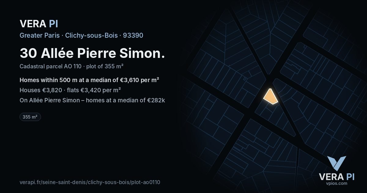 30 Allée Pierre Simon, Clichy-sous-Bois at night – the plot lit, the parcels around coloured by the prices near them