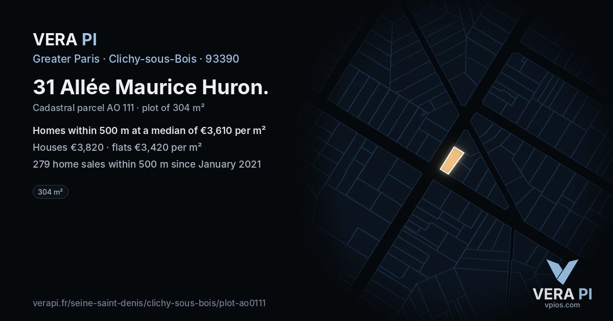31 Allée Maurice Huron, Clichy-sous-Bois at night – the plot lit, the parcels around coloured by the prices near them