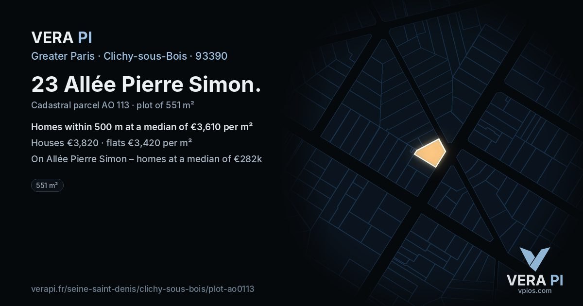 23 Allée Pierre Simon, Clichy-sous-Bois at night – the plot lit, the parcels around coloured by the prices near them