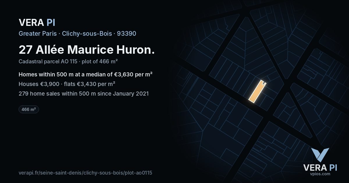 27 Allée Maurice Huron, Clichy-sous-Bois at night – the plot lit, the parcels around coloured by the prices near them