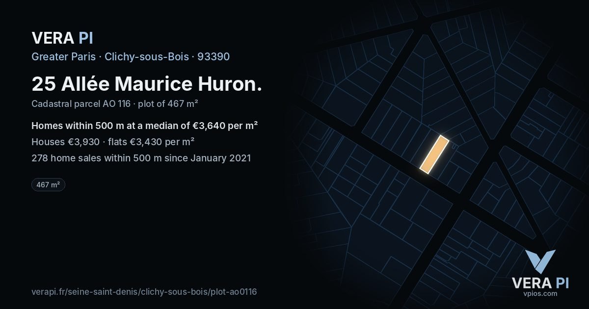 25 Allée Maurice Huron, Clichy-sous-Bois at night – the plot lit, the parcels around coloured by the prices near them