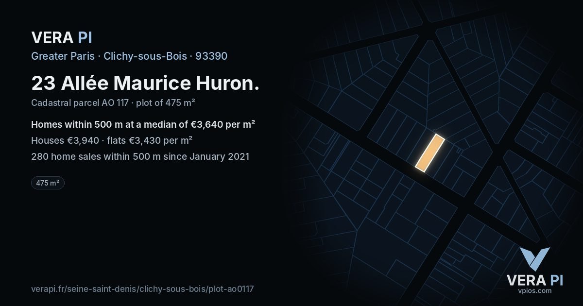 23 Allée Maurice Huron, Clichy-sous-Bois at night – the plot lit, the parcels around coloured by the prices near them
