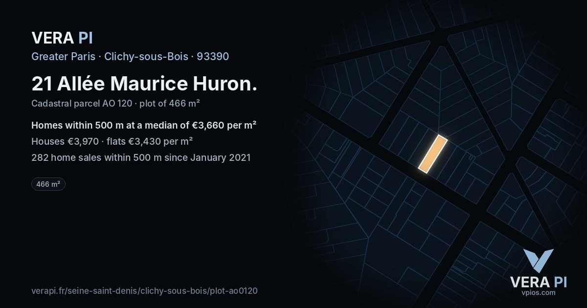 21 Allée Maurice Huron, Clichy-sous-Bois at night – the plot lit, the parcels around coloured by the prices near them