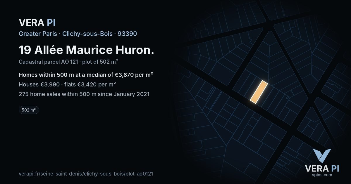 19 Allée Maurice Huron, Clichy-sous-Bois at night – the plot lit, the parcels around coloured by the prices near them
