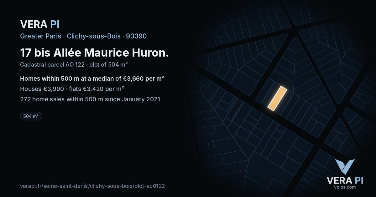 17 bis Allée Maurice Huron, Clichy-sous-Bois at night – the plot lit, the parcels around coloured by the prices near them
